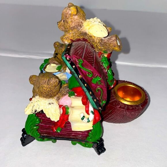 Vintage Three Angle Bears Inside Of A Red And Green Toybox W Candlestick Holder - Picture 5 of 8